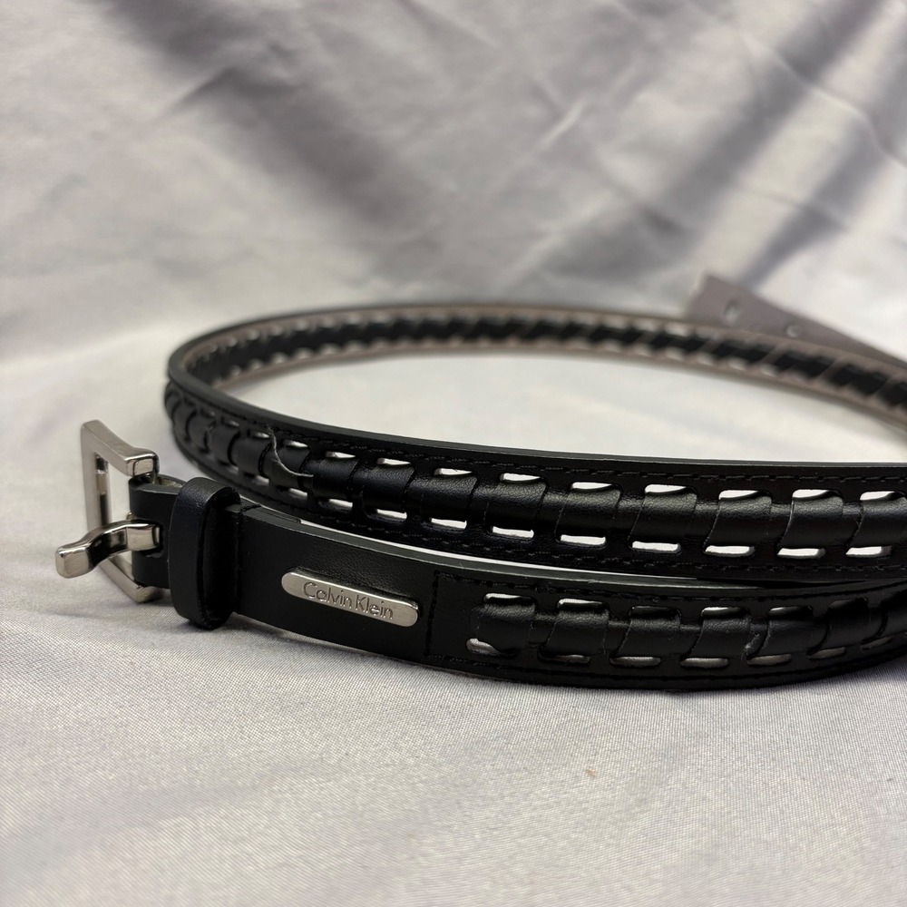 Calvin Klein Black Leather Woven Whipstitch Belt Silver‎ Buckle Logo Size XL